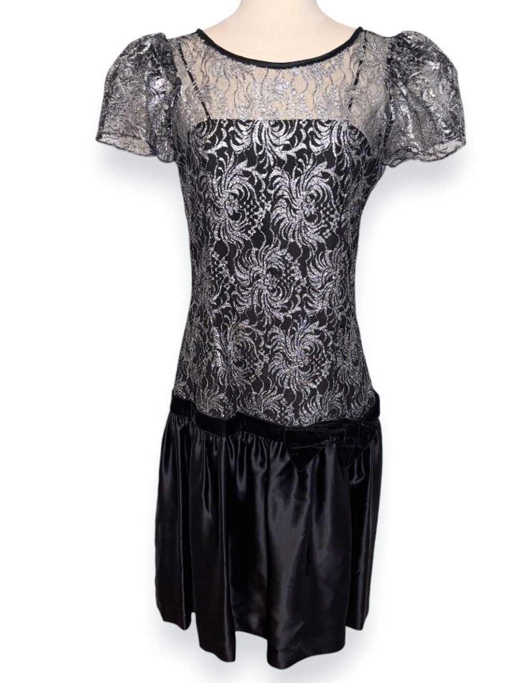 Vintage Clues Collection Silver Lace Overlay Black Satin Drop Waist Dress 9/10